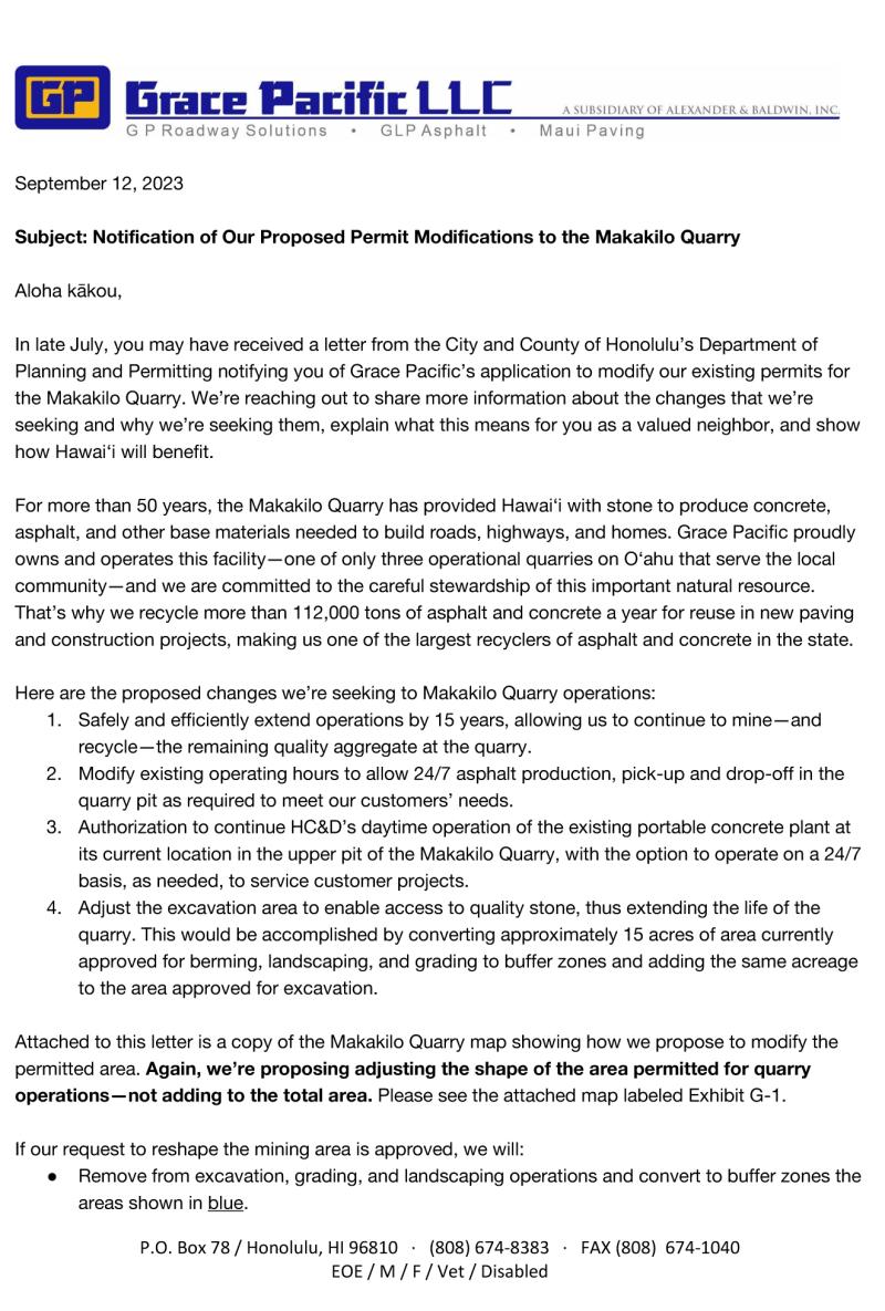 Makakilo Quarry clarification letter page 1