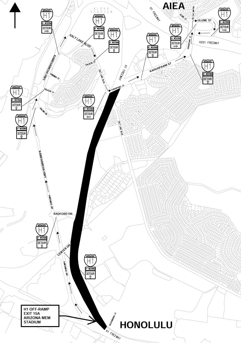 Archived H-1 westbound project detour map. Open the PDF for the full-size map.